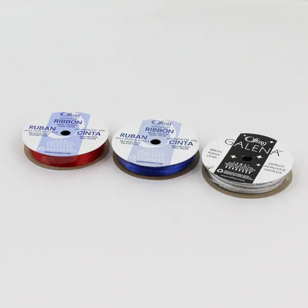 Lot of 3 Spools of Offray Polyester Ribbon, 1/8"x5 yds., New  Red, Blue & Grey 