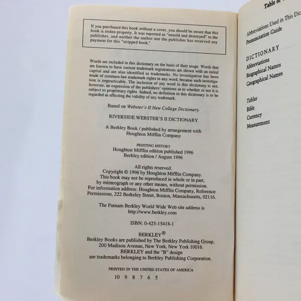 Vintage Riverside Webster's II Dictionary 1996 Revised Edition Paperback 