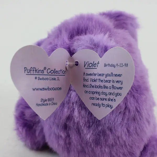 Vintage 1998 Puffkins Violet Purple Bear Plush SWIBCO Stuffed Animal Toy