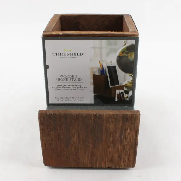 Threshold Dark Brown Wooden Phone Stand & Pen Holder 4.5" Tall Office Supplies