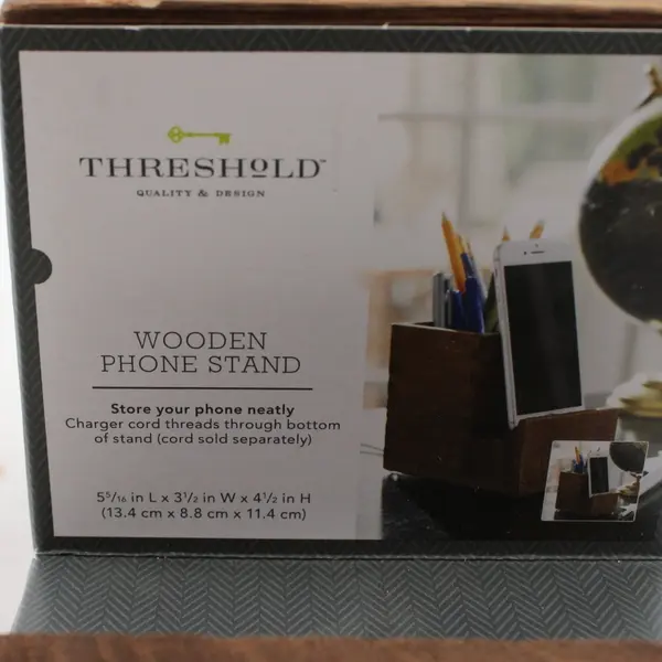 Threshold Dark Brown Wooden Phone Stand & Pen Holder 4.5" Tall Office Supplies