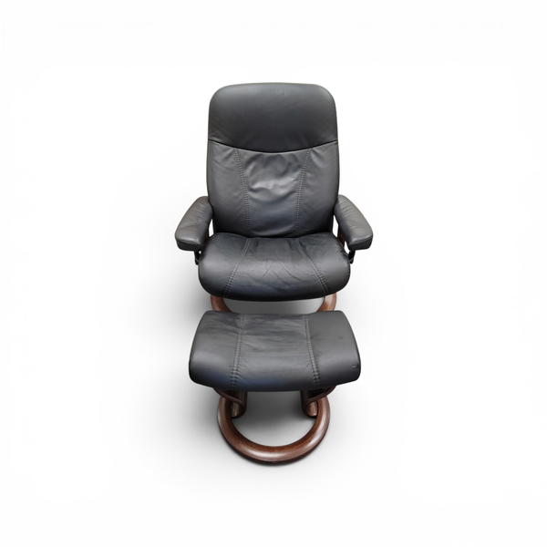 Ekornes Black Leather Swivel Recliner Chair Ottoman Set - Freight/Local Pickup