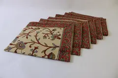 Set of 6 Vintage Beige and Orange Floral Folksy Cloth Napkins 15" x 15.5" FLAW