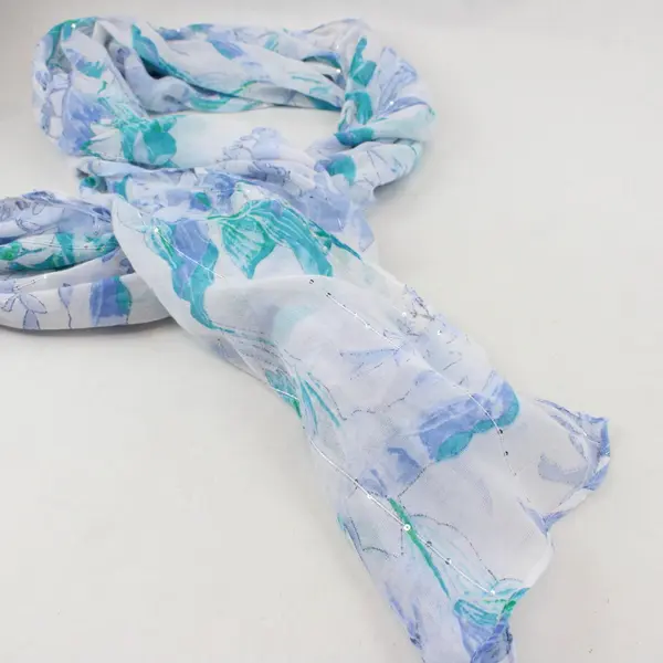 Sheer Blue and Teal Floral Sequined Scarf Wrap 36"x70"