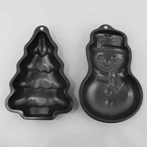 Lot of 2 Vintage Metal Cake Pans Non-Stick Snowman and Christmas Tree #176NS