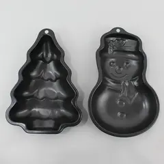 Lot of 2 Vintage Metal Cake Pans Non-Stick Snowman and Christmas Tree #176NS
