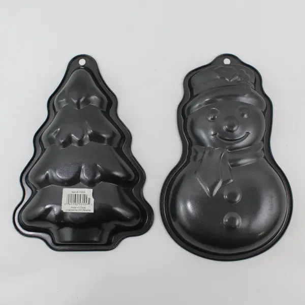Lot of 2 Vintage Metal Cake Pans Non-Stick Snowman and Christmas Tree #176NS