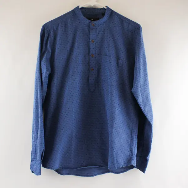Uathayam Men's Blue Long Sleeve Chinese Collar Shirt Size 38 Partial Placket