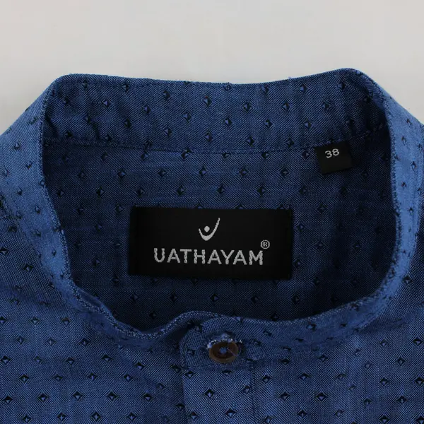 Uathayam Men's Blue Long Sleeve Chinese Collar Shirt Size 38 Partial Placket