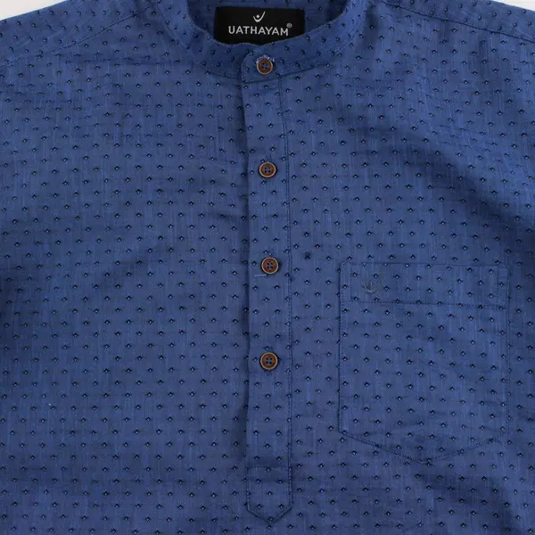 Uathayam Men's Blue Long Sleeve Chinese Collar Shirt Size 38 Partial Placket