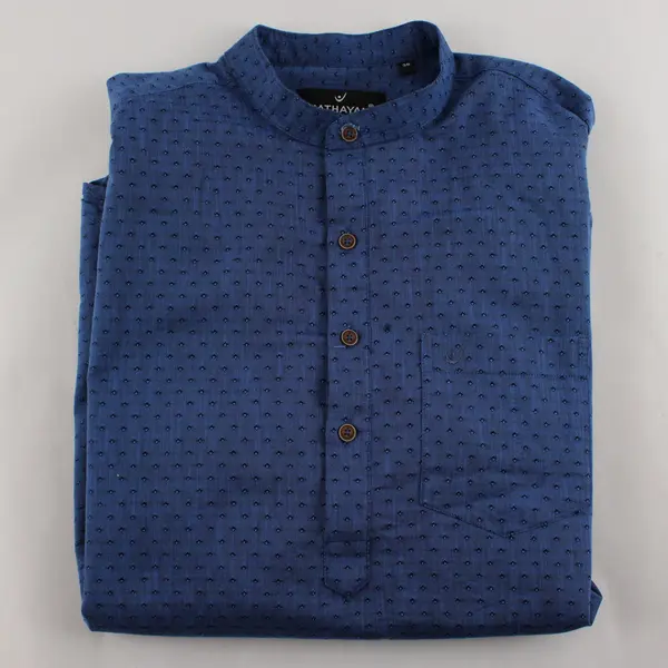 Uathayam Men's Blue Long Sleeve Chinese Collar Shirt Size 38 Partial Placket