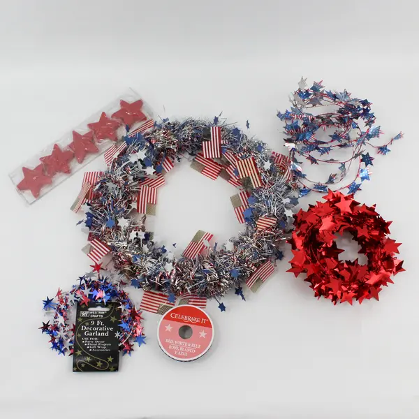 USA Patriotic Polyester Ribbon 5/8"x3 Yds, Garlands, Wreath & Red Star Candles 