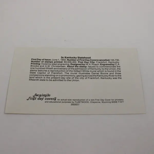 US Fleetwood 1977 Facsimile First Day Cover Kentucky Statehood 150th 1942