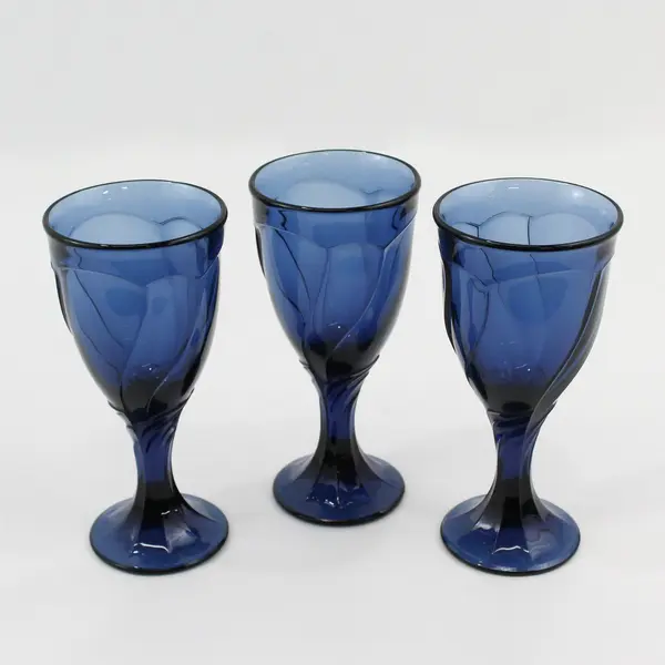 Lot Of 3 Noritake Sweet Swirl Pattern Dark Blue Glass Water Goblets 7" Tall