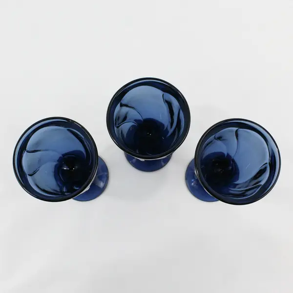 Lot Of 3 Noritake Sweet Swirl Pattern Dark Blue Glass Water Goblets 7" Tall