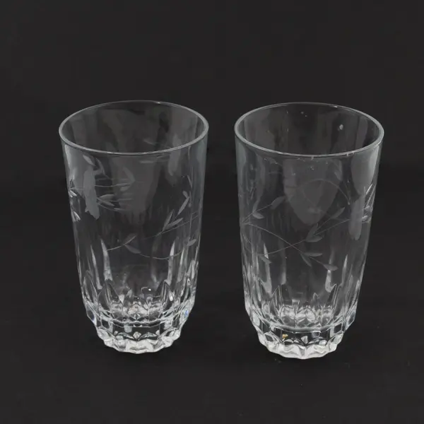 Lot Of 2 Princess House Heritage Pattern Clear Glass Flat Tumblers 5.25" Tall