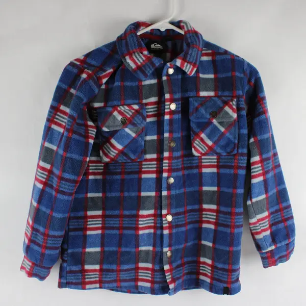 Quiksilver Boys Medium 10/12 Blue Red Plaid Fleece Snap Jacket