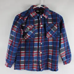 Quiksilver Boys Medium 10/12 Blue Red Plaid Fleece Snap Jacket