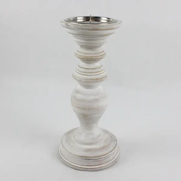 HD Designs White Distressed Finish Wooden Pillar Candle Holder 11"