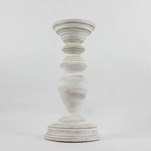 HD Designs White Distressed Finish Wooden Pillar Candle Holder 11"