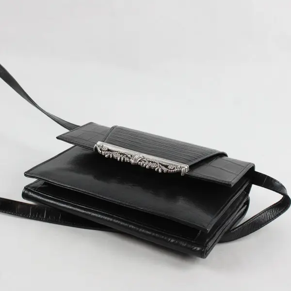 Brighton Black Leather Embossed Croc Crossbody Bag