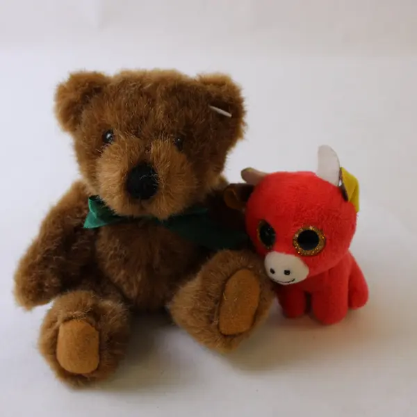 Lot of Two Plush Animals Brown Teddy Bear and Red & Yellow Bull