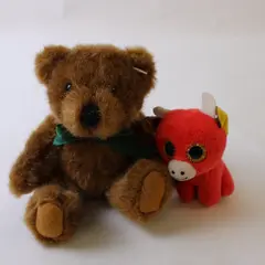 Lot of Two Plush Animals Brown Teddy Bear and Red & Yellow Bull