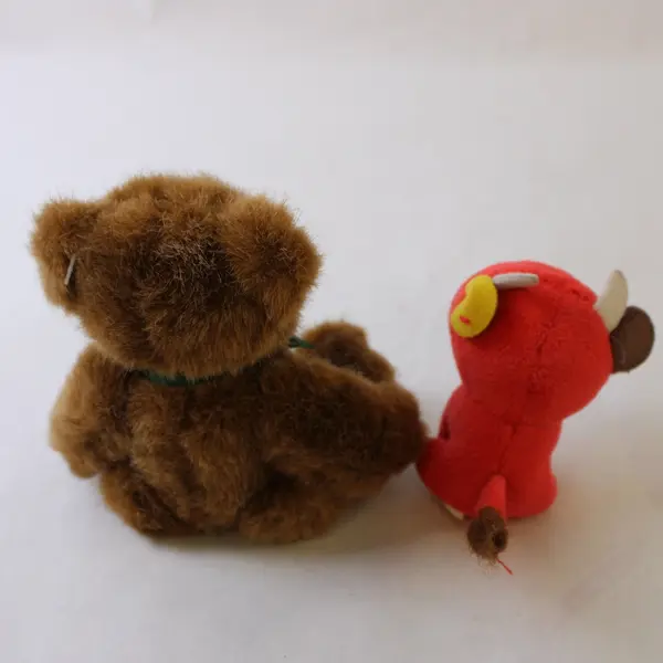 Lot of Two Plush Animals Brown Teddy Bear and Red & Yellow Bull