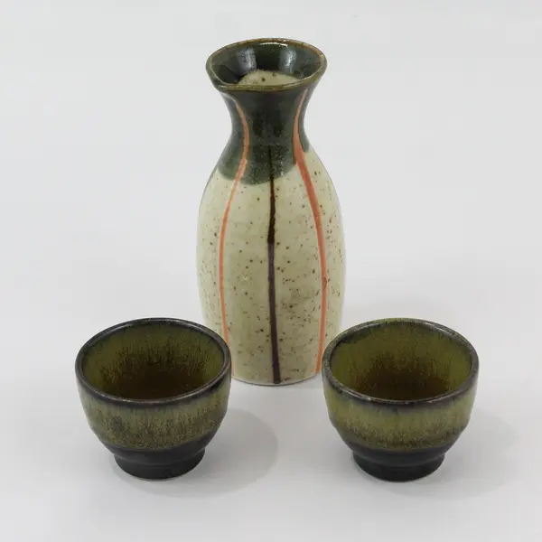 3 Piece Japanese Sake Set  Flask And 2 Cups Beige Speckled And Olive Green