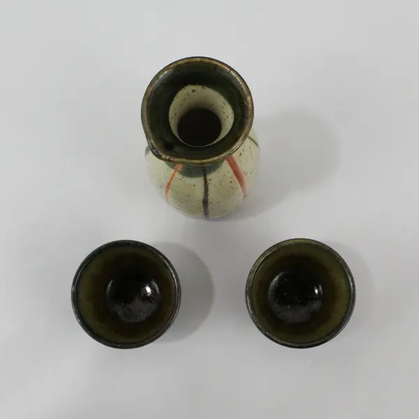 3 Piece Japanese Sake Set  Flask And 2 Cups Beige Speckled And Olive Green