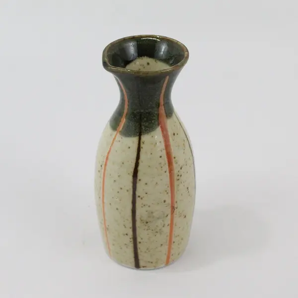 3 Piece Japanese Sake Set  Flask And 2 Cups Beige Speckled And Olive Green