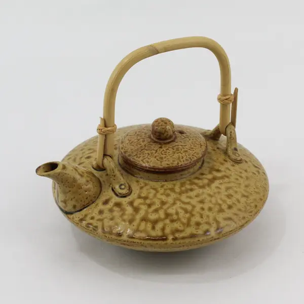 Flat Single Cup Stoneware Teapot With Bamboo Handle 