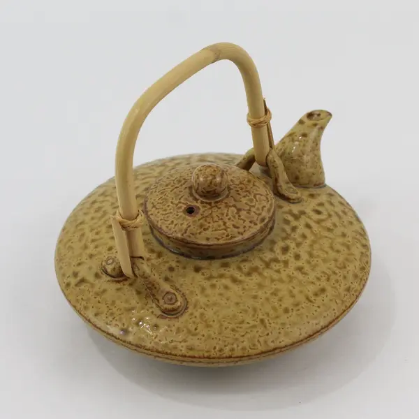 Flat Single Cup Stoneware Teapot With Bamboo Handle 
