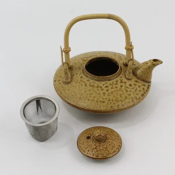 Flat Single Cup Stoneware Teapot With Bamboo Handle 