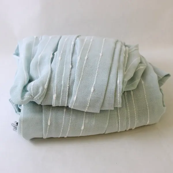 Lucky Brand Shower Curtain Light Blue With White Textured Lines and Hooks