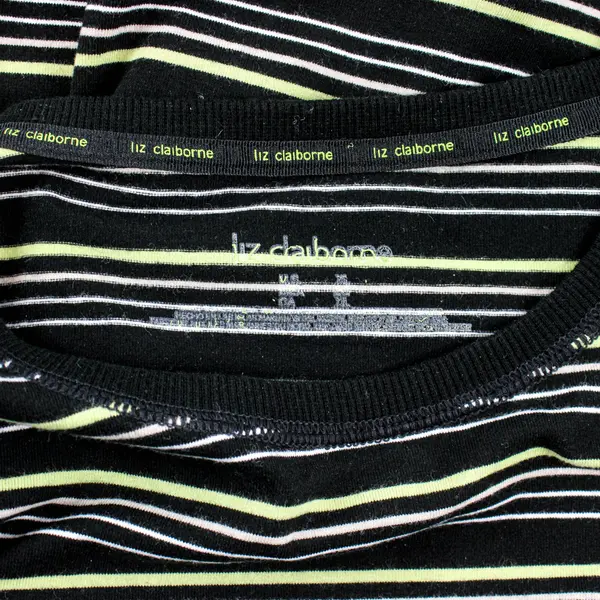 Liz Claiborne Women's Black Green/White Stripes Short Sleeve Shirt Size XL