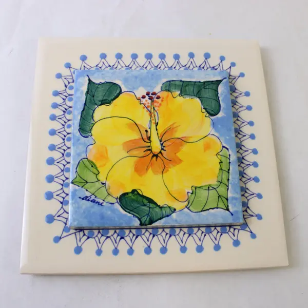 Diane Artware Hand-Painted Yellow Hibiscus Tile 6" x 6"
