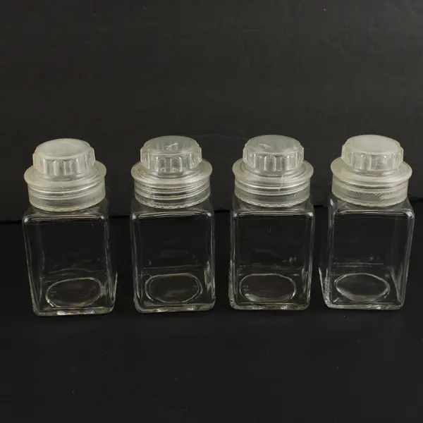 60s Vintage 4 Small Square Glass Apothecary Jars with Plastic Screw on Lids