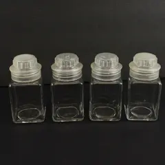 60s Vintage 4 Small Square Glass Apothecary Jars with Plastic Screw on Lids