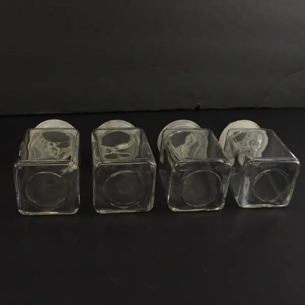 60s Vintage 4 Small Square Glass Apothecary Jars with Plastic Screw on Lids