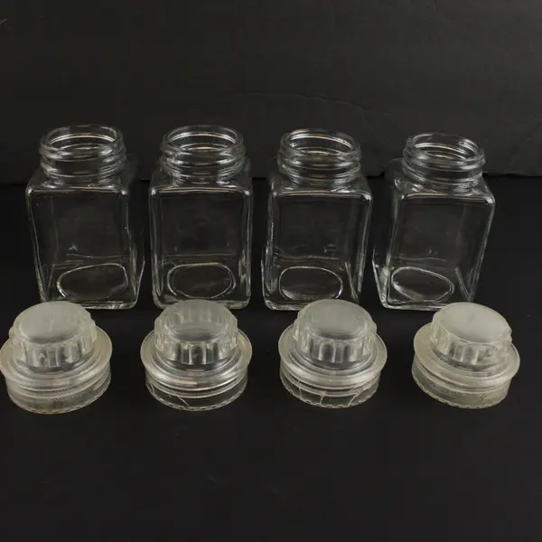 60s Vintage 4 Small Square Glass Apothecary Jars with Plastic Screw on Lids