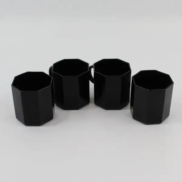 Lot Of 4 Arcoroc Matching Octime Black Glass Tea/Coffee Mugs 3" Tall Stackable