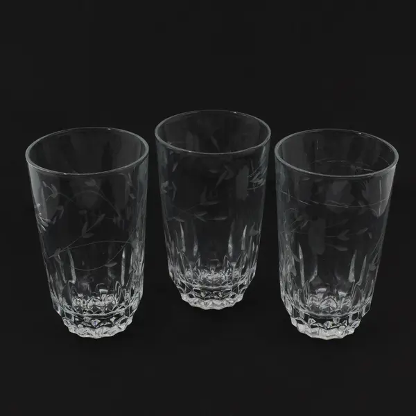 Lot Of 3 Princess House Heritage Pattern Clear Glass Flat Tumblers 5.25" Tall