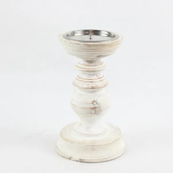 HD Designs White Distressed Finish Wooden Pillar Candle Holder 8"