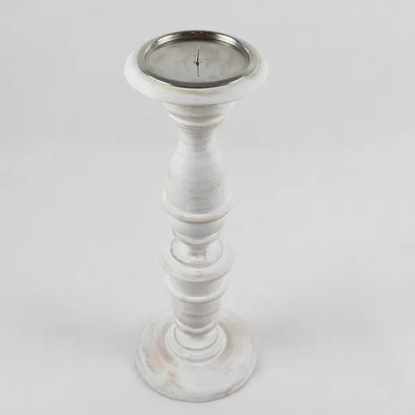 HD Designs White Distressed Finish Wooden Pillar Candle Holder 14"