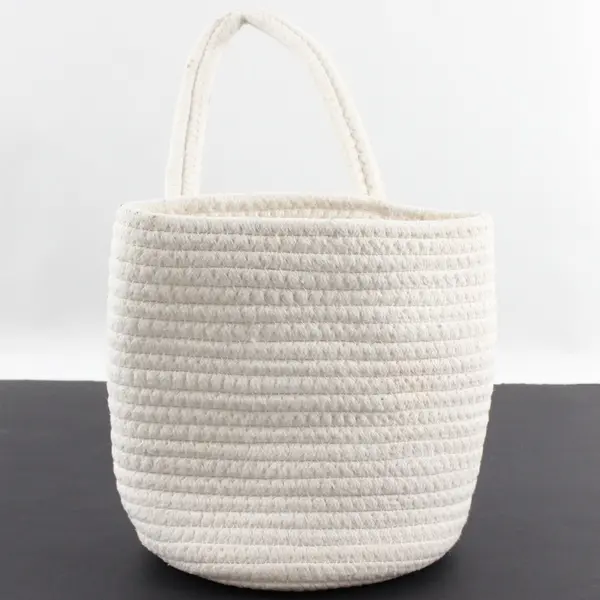 White Woven Cotton Rope Storage Basket With One Handle