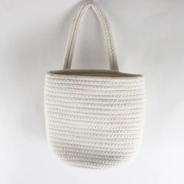 White Woven Cotton Rope Storage Basket With One Handle