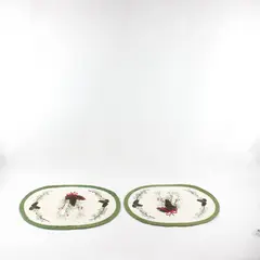 2 Oval Woven Cotton Holiday Placemats with Pinecones, Branches, and Green Border