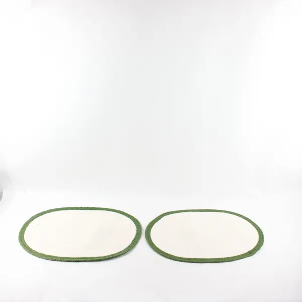 2 Oval Woven Cotton Holiday Placemats with Pinecones, Branches, and Green Border