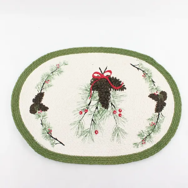 2 Oval Woven Cotton Holiday Placemats with Pinecones, Branches, and Green Border